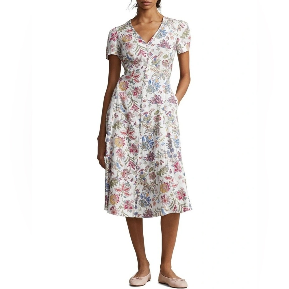 Polo Ralph Lauren Floral 100% Linen V-Neck Midi Dress Pink Elegant 8/M - Picture 4 of 16